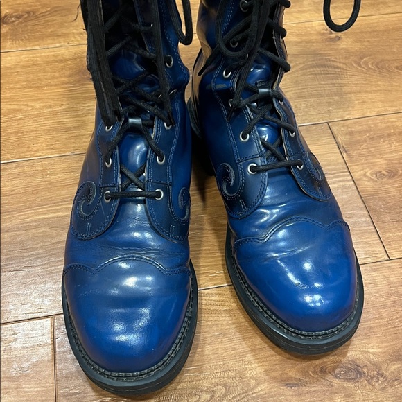 John Fluevog Tall Angels 10 Eye Derby Swirl Blue Combat Boots - Picture 2 of 10